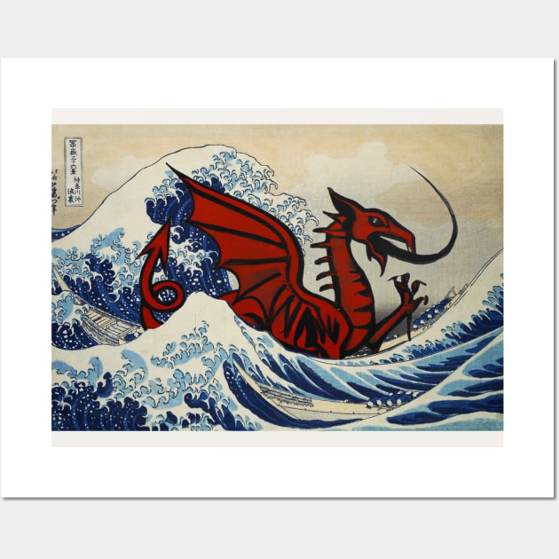 Welsh Dragon in the Great Wave off kanagawa Wall Art by Teessential